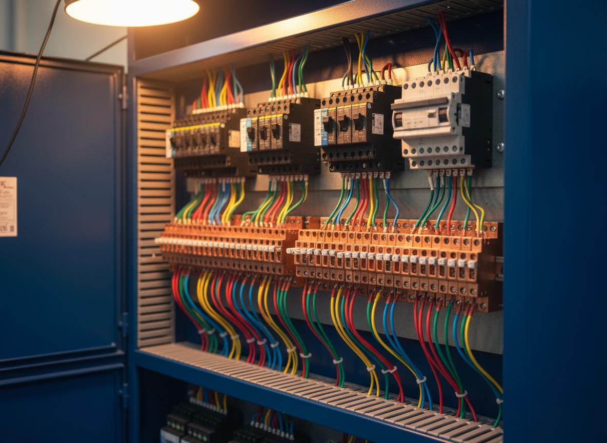 Quadro elétrico industrial com disjuntores e cablagem
